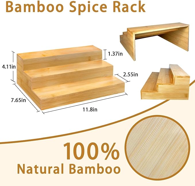 Spice Rack Organizer for Cabinet - Bamboo Spice Shelf, 3 Tier Seasoning Organizer for Countertop, Kitchen, Pantry 2 Pack
