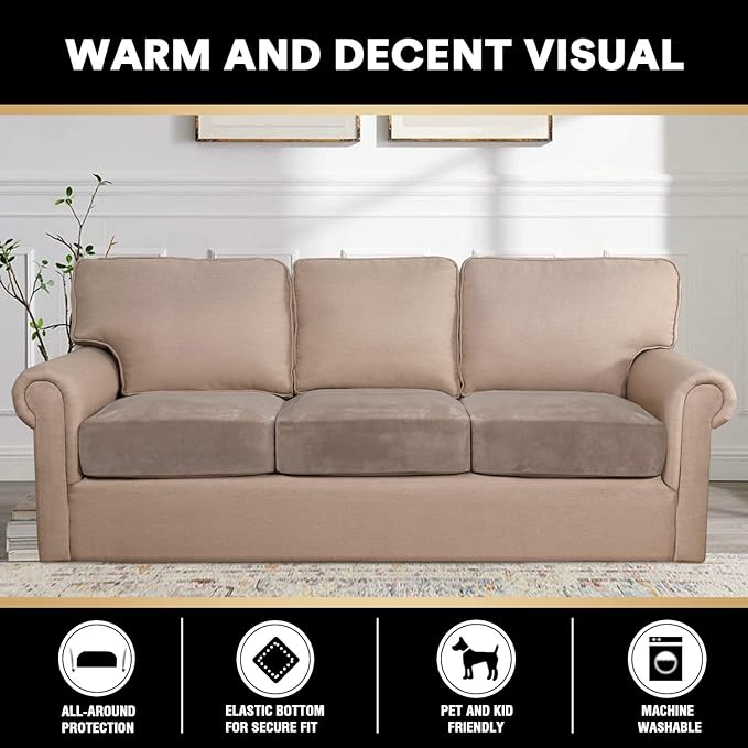 PrinceDeco Velvet Stretch Couch Cushion Cover Soft Cushion Slipcover for Chair Loveseat Sofa Furniture Protector Seat Cushion Sofa Cover (Each Width Up to 29.5", Taupe)