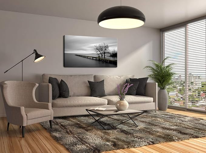 DZL Art S74950 Gray Canvas Prints Modern Minimalist Black and White Lake Trees Landscape Wall Art Painting for Living Room Bedroom Decor Office Wall Decor Home Decoration
