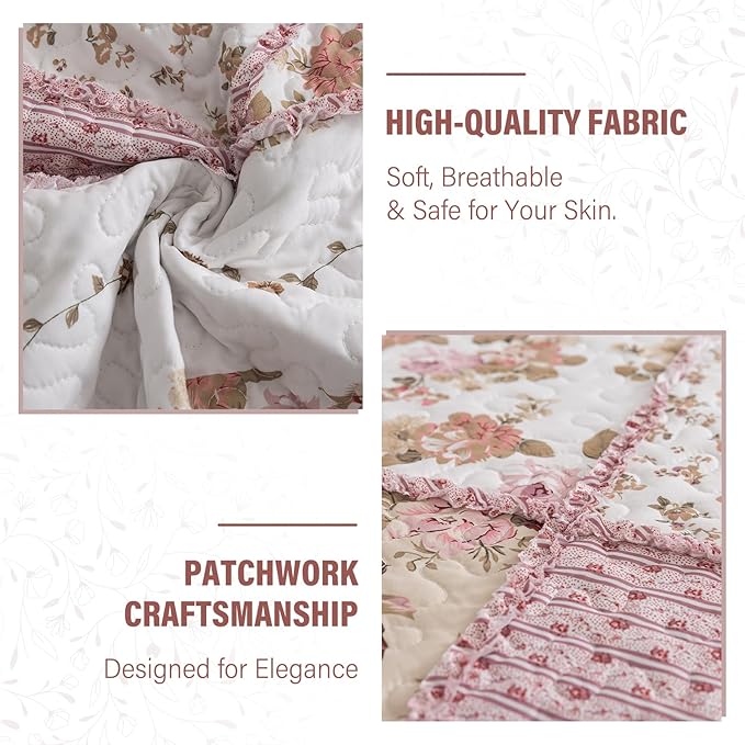 NEWLAKE Quilt Set King Size, Bedspread Sets Pink Botanical Floral, Reversible Quilt Bedding Set Lightweight and Breathable for All Seasons, Soft Quilted Bedspread with 2 Pillow Shams