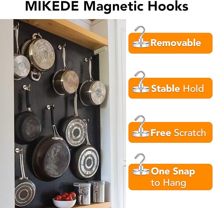 MIKEDE Magnetic Hooks Heavy Duty, 150LB+ Strong Neodymium Magnets with Hooks for Refrigerator, Large Magnetic Hooks with Epoxy Coating for Hanging, Home, Workplace - 10 Pack