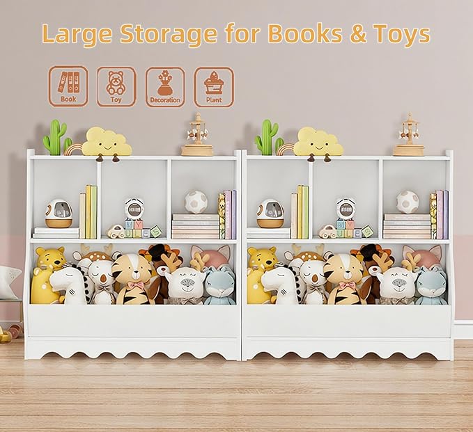 Wood Kid Storage Cubby, Toy Storage Organizer with Bookshelf, 32"L x 15"D x 31"H Montessori Toy Shelf, Nursery Book Shelves, Wooden 4-Cubby Children Book Shelf for Playroom Classroom, White
