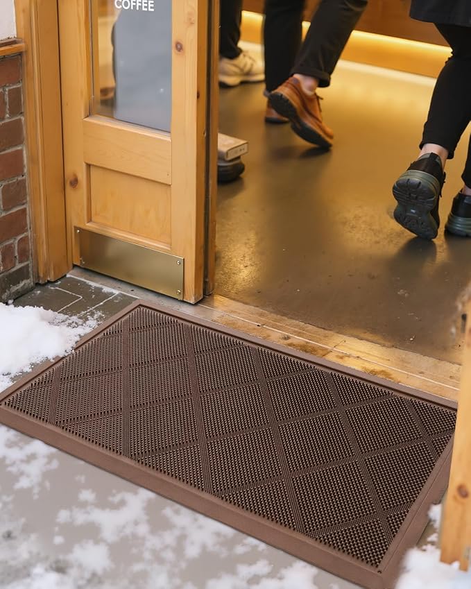 DEXI Front Door Mats Outside Entrance, 17x36 Rubber Waterproof Dirt Trapping Entry Mat for Entryway, Heavy Duty Non-Slip Low-Profile Welcome Doormat All Weather for Patio, Brown
