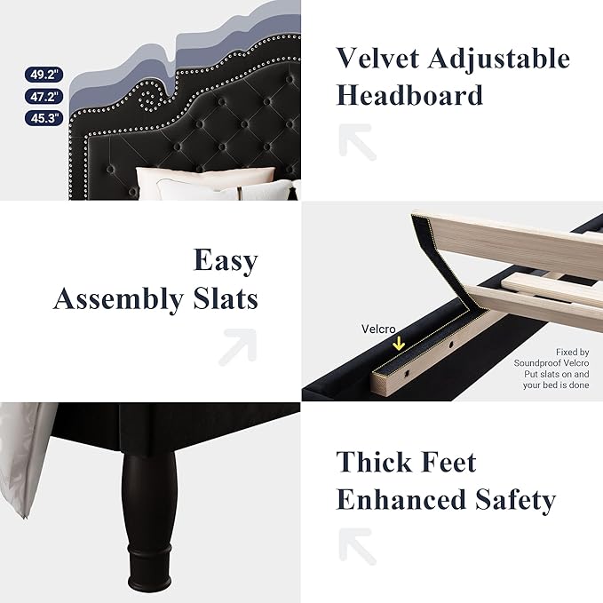 Allewie Queen Velvet Bed Frame with Adjustable Headboard, Wooden Slats, No Box Spring Needed, Easy Assembly, Black