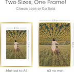 Homeforia A3 Picture Frame Gold, High End Metal 11.7 x 16.5 inch Poster Frames with Mat 8.3 by 11.7 for Photo, A3 Size Frames Matted to A4 Print, 11.7x16.5 Wall Hanging Frame, Tempered Glass, Set of 1