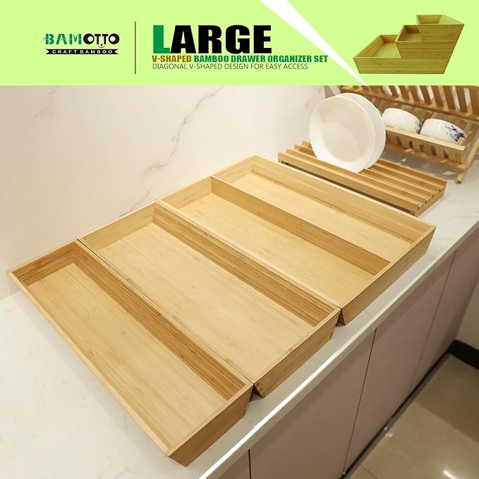 V-Shaped Bamboo Drawer Organizer Set of 3, Kitchen Large and Long Utensil Plate, Flatware & Silverware Storage Box, Wood Drawer Organizer for Bedroom, Living Room (19.6"x5.7" & 7.8" & 12.4")