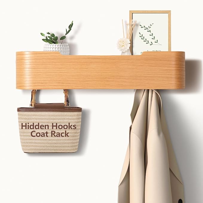 Coat Rack Wall Mount with Hidden Hooks Entryway Hanging Shelf Modern Wood Coat Hanger for Bedroom Kitchen Hallway Bathroom (Oak, 16.6 Inch Long)
