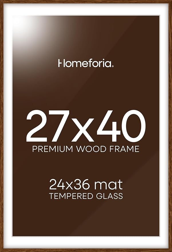 Homeforia 27x40 Poster Frame Brown, High End Dark Oak 27x40 Large Wooden Frame with Mat 24x36, 27 x 40 Walnut Wood Picture Frame Matted to 24 x 36, 40x27 Thin Frame, Tempered Glass, Wall Kit, Set of 1