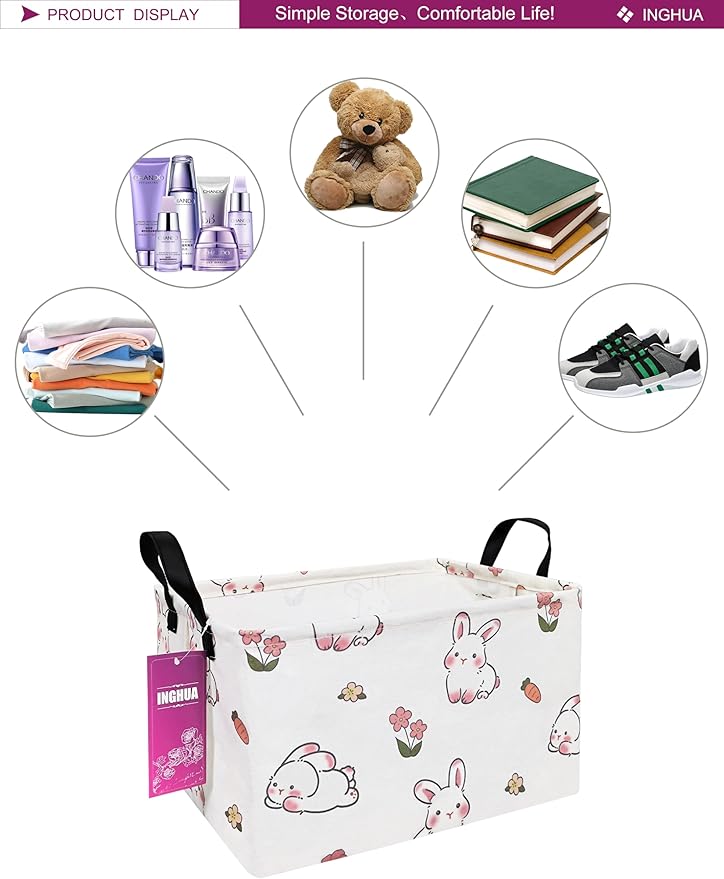 Rectangular Storage Basket Fabric Organizer Bin for Toys,Books,Clothes,Gifts,Pets-Perfect for Home,Office,Nursery,Dorm,Shelf(Rec-rabbit)