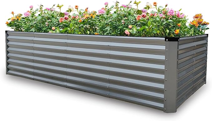 GARDMAX 8x4x2FT Galvanized Raised Garden Bed Kit, Metal Planter Boxes Outdoor with Easy Assembly, Large Garden Bed for Vegetables, Fruits, Flower, Herbs Rectangle Silver