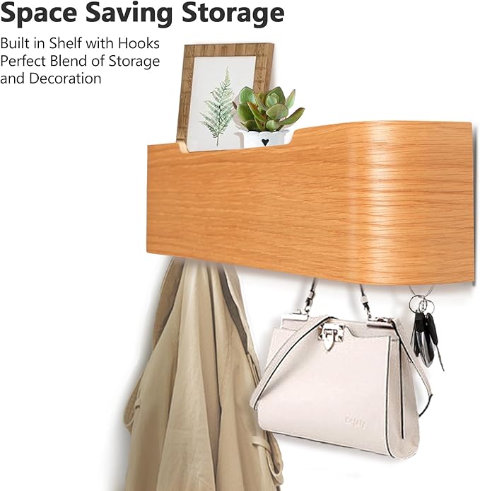 Coat Rack Wall Mount with Hidden Hooks Entryway Hanging Shelf Modern Wood Coat Hanger for Bedroom Kitchen Hallway Bathroom (Oak, 16.6 Inch Long)