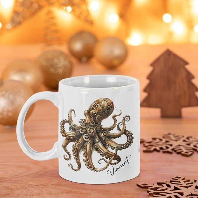 Personalized Unique Name Ceramic Mug 11oz, Customized Steampunk Octopus Mug With Mechanical Themed, Gear-Filled Octopus White Coffee Mug, Gift For Friends, Coworkers, Kids Mug