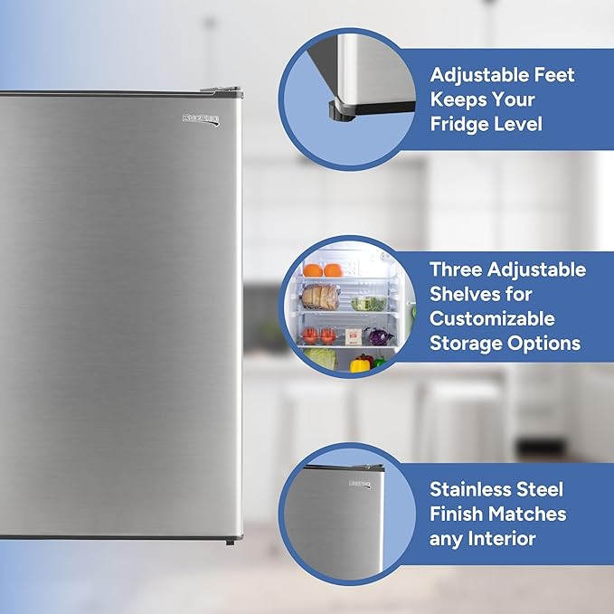 RecPro 3.3 Cu Ft 12V RV Refrigerator | Stainless Steel Frost-Free Fridge with Can Holder | Compact Camper Fridge with Door Storage, 7 Temp Settings | 19”W x 19”D x 32.75”H