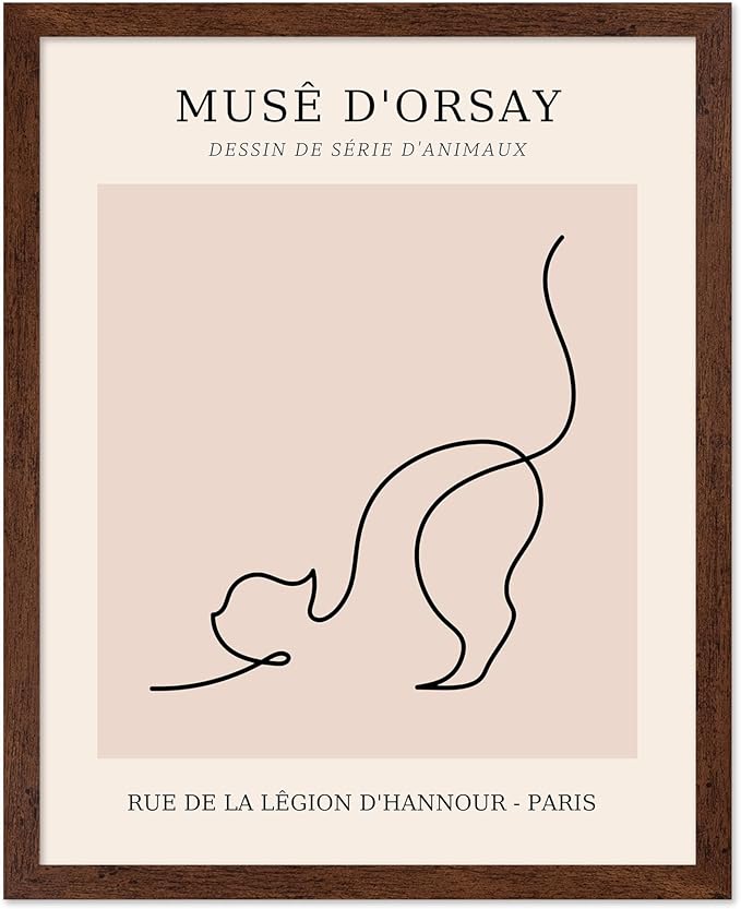 Poster Master Vintage Poster - Retro One Line Cat Drawing Print - Cat Art - Minimal Gift for Men, Women, Animal Lover - Abstract Wall Decor for Home, Office, Bedroom, 16x20 Brown Framed