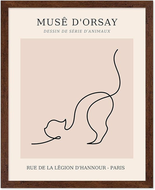 Poster Master Vintage Poster - Retro One Line Cat Drawing Print - Cat Art - Minimal Gift for Men, Women, Animal Lover - Abstract Wall Decor for Home, Office, Bedroom, 16x20 Brown Framed