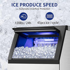 Commercial Ice Maker Machine 120Lbs/24H with 35Lbs Ice Capacity, 45Pcs Clear Ice Cubes Ready in 11-20Mins, Stainless Steel Under Counter Freestanding Large Ice Machine, 2 Water Inlet Modes