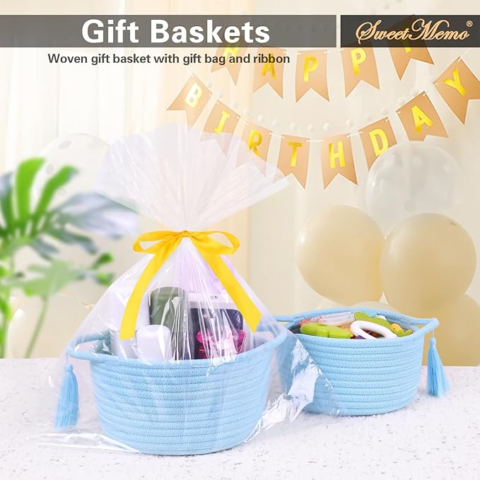 Empty Gift Basket Mini Woven Rope Organizer Baskets for Baby Shower, Vanity, Makeup Brushes, Bathroom, Shelves, Desk - Small Decorative Storage Bins - Set of 2, Pre-Shaped, Soft Blue