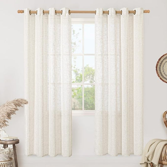 LAMIT Cream Linen Curtains 80 inches Long 2 Panels Set, Sheer White Light Filtering Neutral Drapes with Bronze Grommet for Bedroom/Living Room, 52 x 80 Inch