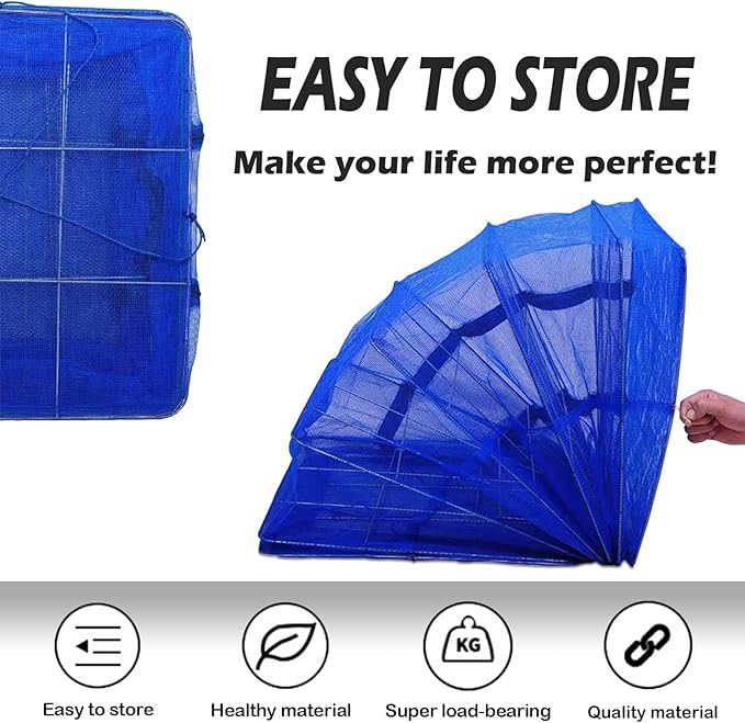 Drying Rack 4 Layers Folding Mesh, Foldable Nylon Netting, Hanging Drying Net, for Shrimp, Fish, Fruit, Vegetables, Herb, with Zipper Opening - Blue (25.59X13.78X13.78 in)