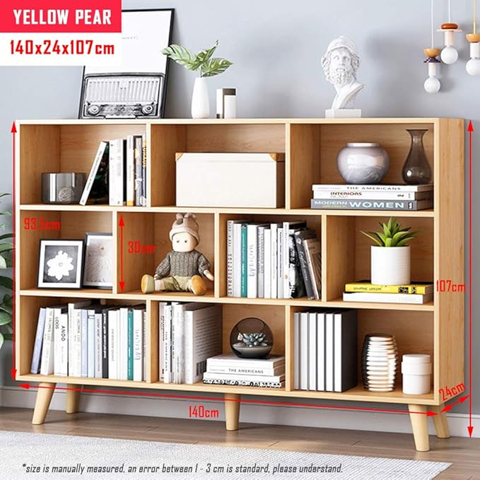 IOTXY Wooden Open Shelf Bookcase - 3-Tier Floor Standing Display Cabinet Rack with Legs, 10 Cubes Bookshelf, Pear Yellow