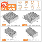 6 Pack Sock Underwear Drawer Organizer Dividers, 58 Cell Foldable Fabric Dresser Closet Organizers and Storage Bins for Clothing, Baby Clothes, Bra, Panty, Scarf, Ties (Grey)
