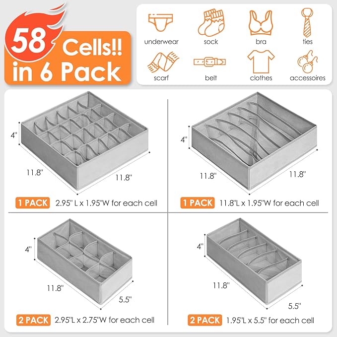 6 Pack Sock Underwear Drawer Organizer Dividers, 58 Cell Foldable Fabric Dresser Closet Organizers and Storage Bins for Clothing, Baby Clothes, Bra, Panty, Scarf, Ties (Grey)