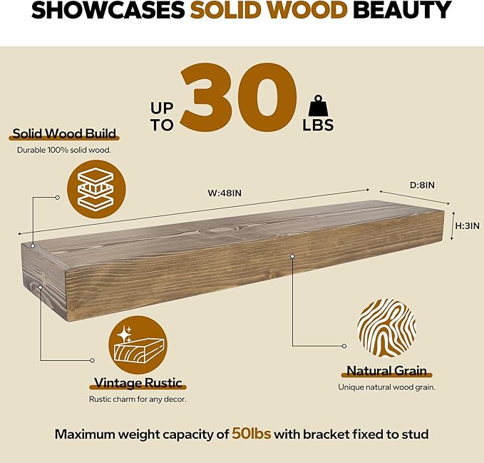 Floating Shelves 3 inch Thick for Wall Set of 2,Solid Pine Wood Wall Mount Shelf for Kitchen Living Room Bedroom Bathroom,8" D x 48" L x 3" H-Black Walnut