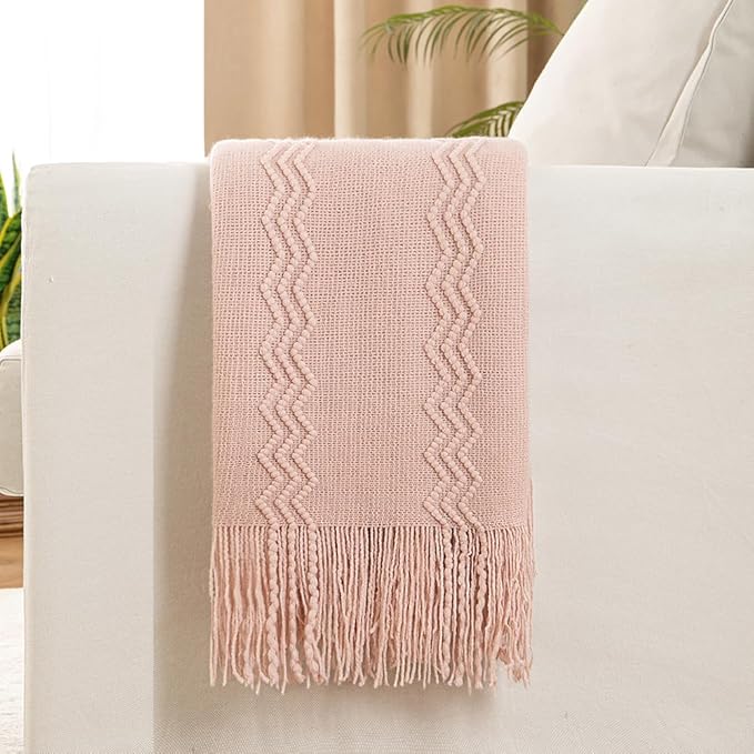 MIULEE Light Pink Knitted Throw Blanket for Couch Bed, Boho Textured Cozy Woven Decorative Farmhouse Blanket with Tassels for Sofa Chair Living Room 50"x60"