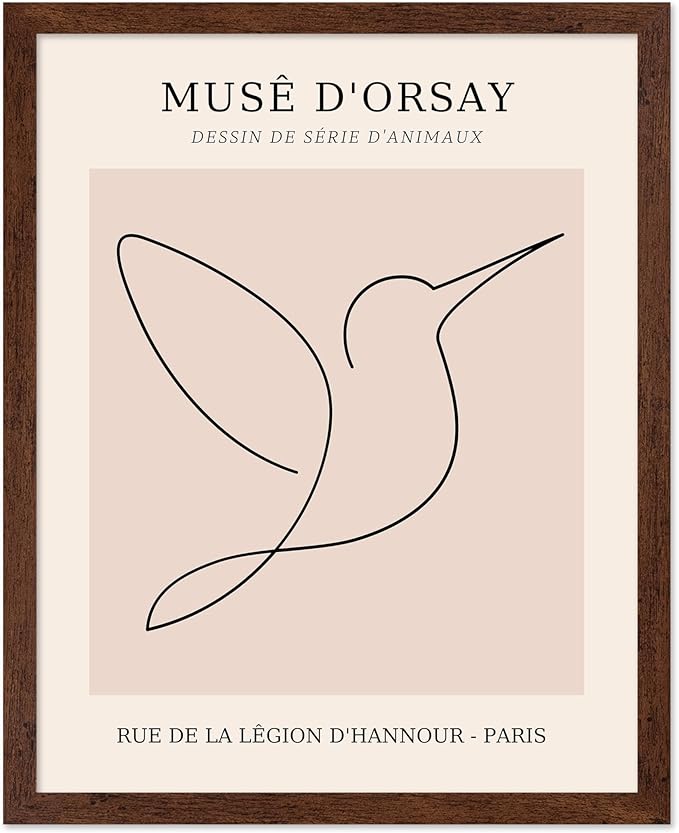 Poster Master Vintage Poster - Retro One Line Hummingbird Drawing Print - Bird Line Art - Minimal Gift for Him, Her, Animal Lover - Abstract Decor for Home, Office, 11x14 Brown Framed