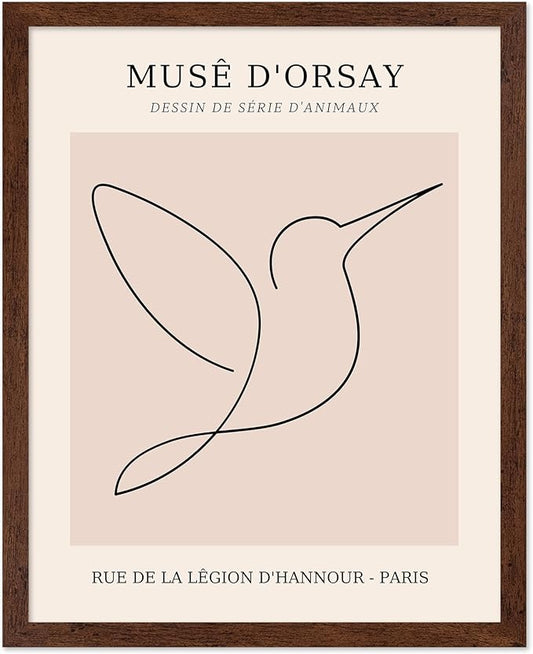 Poster Master Vintage Poster - Retro One Line Hummingbird Drawing Print - Bird Line Art - Minimal Gift for Him, Her, Animal Lover - Abstract Decor for Home, Office, 16x20 Brown Framed