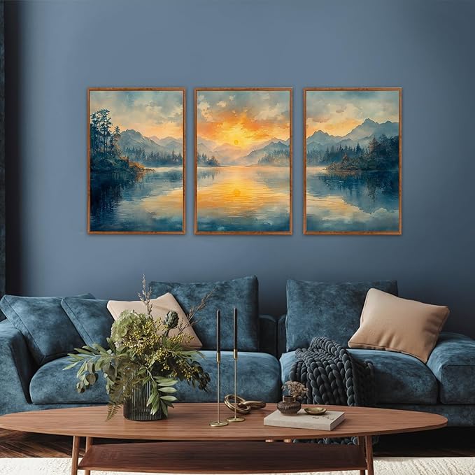 KAlRNE Sunset Mountain Canvas Wall Art,Abstract Scenery Wall Painting,Blue Landscape Lake Pictures,Watercolor Mountains Forests Art Prints For Living Room Bedroom Office Decoration - Framed 16X24 Inch