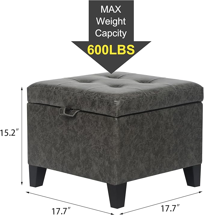 Adeco Faux Leather Storage Ottoman Bench with Wood Legs, 17.7" Square Mixed Grey PU Cube Foot Stool, Upholstered Button Tufted Vanity Chair with Hinged Lid for Living Room, Bedroom, Dorm