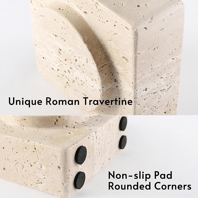 Koville Marble Square Book Ends, Heavy Duty Book Holders, Bookends for Shelves, Office Bookshelf Decor for CDs/Video Games(Travertino Romano)