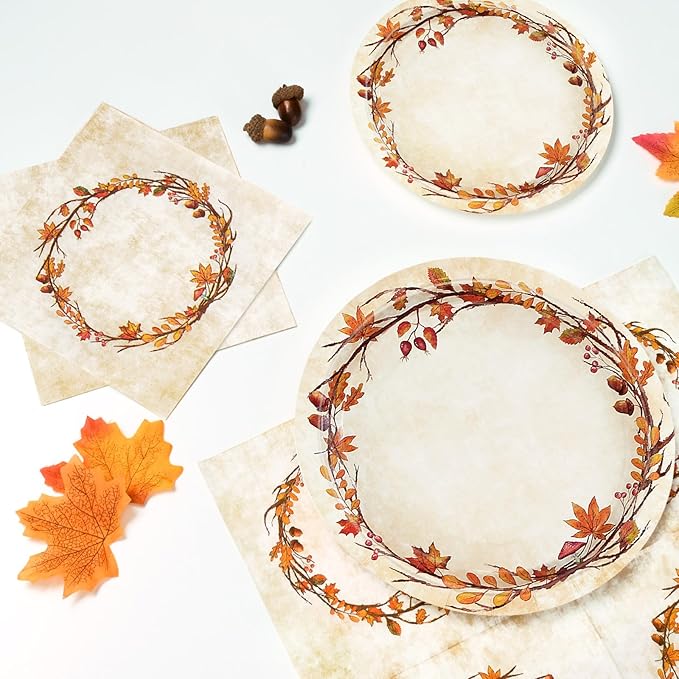 Homlouue 200 Pcs Fall Paper Plates and Napkins, Watercolor Disposable Dinnerware Set, Autumn Leaves Thanksgiving Party Supplies, Serve 50 Guests