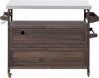 Farmhouse Solid Wood Grill Table with Stainless Steel Top, Outdoor Rolling Bar Cart & Storage Cabinet with Spice & Towel Rack, Outdoor Kitchen Island with Internal Storage Rack, Dark Brown
