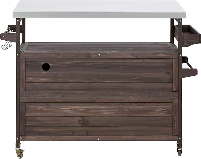 Farmhouse Solid Wood Grill Table with Stainless Steel Top, Outdoor Rolling Bar Cart & Storage Cabinet with Spice & Towel Rack, Outdoor Kitchen Island with Internal Storage Rack, Dark Brown