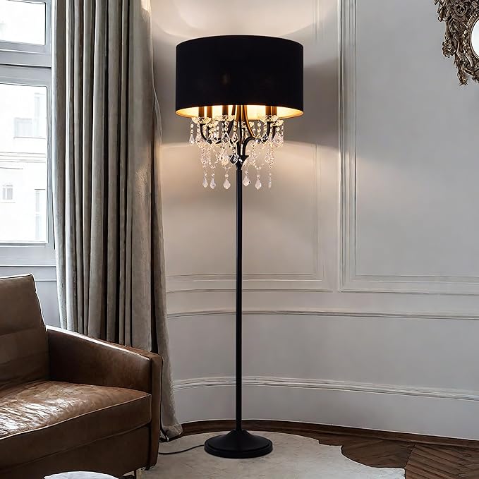 Wellmet Black Crystal Drum Shade Floor Lamp, 6 Light Black Gold Shade, Candle Base, for Living Room, Bedroom, Reading Room, Hallway, Corridor
