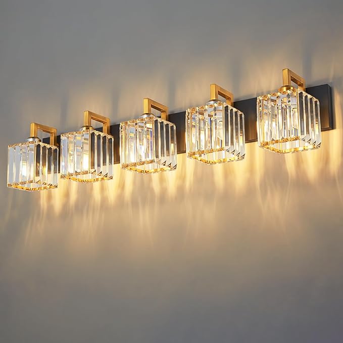 Modern Bathroom Vanity Light 5-Lights Black Gold Crystal Wall Lamp Bathroom Modern Crystal Vanity Lighting