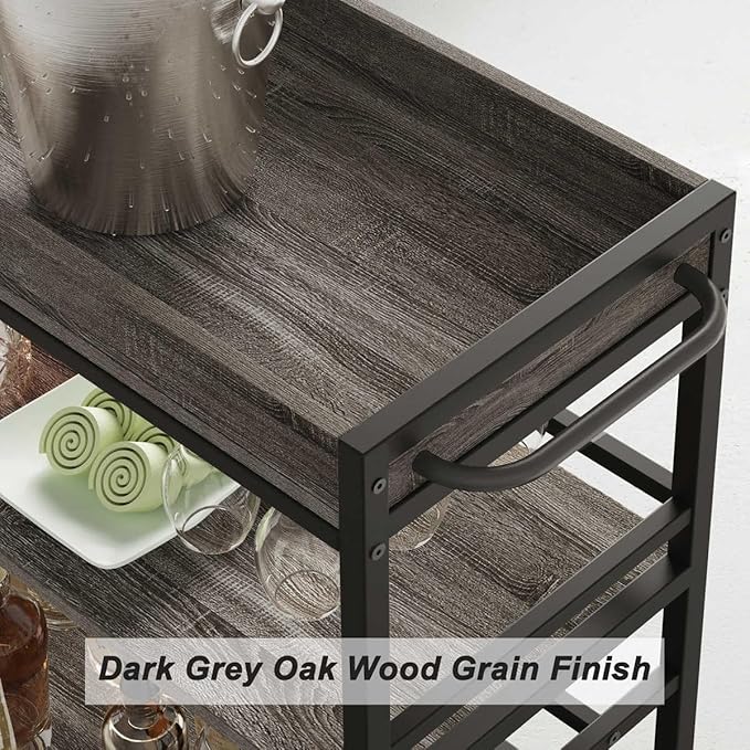 BON AUGURE Bar Cart, Home Bar Serving Cart on Wheels, Mobile 3 Tier Liquor Beverage Carts with Wine Rack and Glass Holder (Grey Oak)