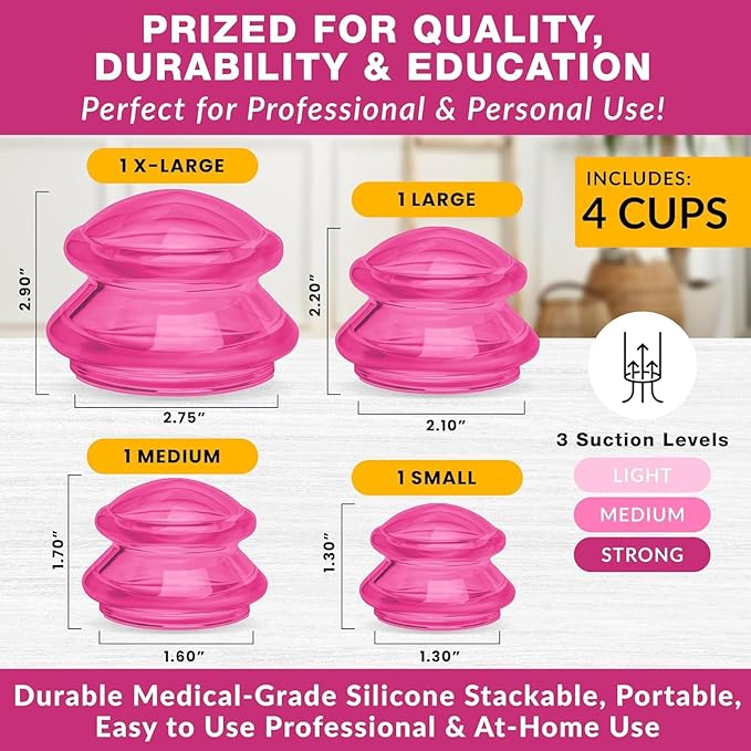 Silicone Cupping Therapy Set Professional Massage Cupping Cups for Cupping Therapy 4 Cup Kit for Massage, Myofascial Release, Cellulite Reduction (Lure Pink)