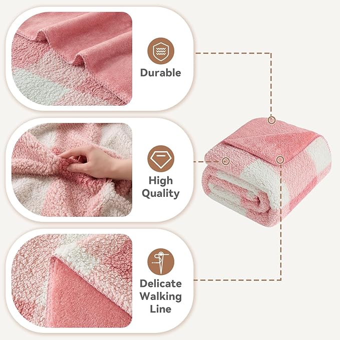 LURKA Checkered Sherpa Fleece Throw Blanket - Extra Thick and Warm Winter Soft Fuzzy Plush Blanket for Couches, Beds & Pets, Powder Pink, 50x60 Inches