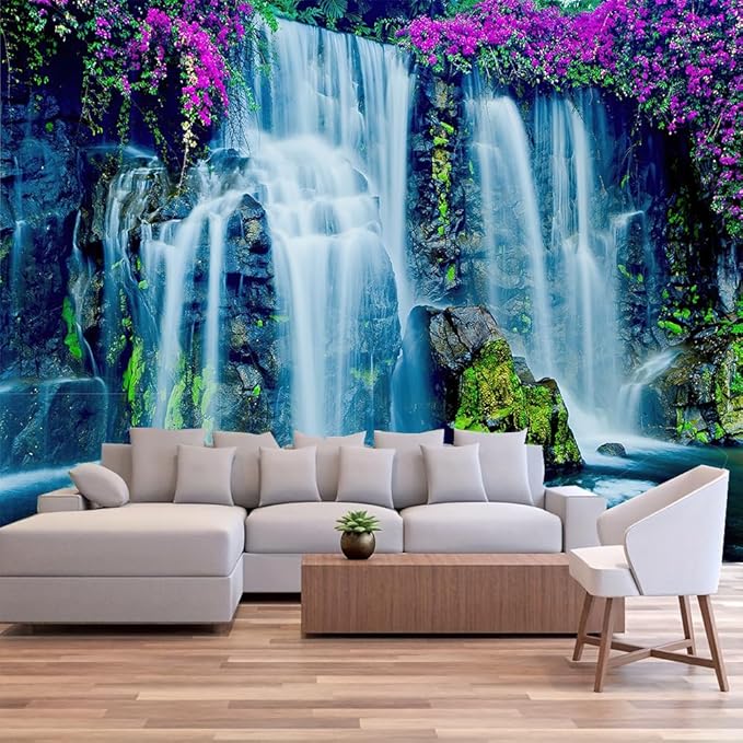 FENDROM Waterfall Tapestry Purple Forest Wild Flowers Floral Mountain Jungle Plants Nature Landscape Wall Hanging Bedroom Living Room Hanging Decorative Blanket