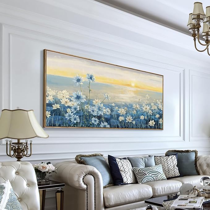 Large Wall Art for Living Room Modern Framed Coastal Beachy Canvas Wall Art Big Floral Sunrise Blue Wall Picture Oversized Lake Nature Sunset Artwork for Office Bedroom Decor