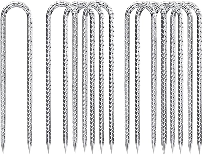U-Hook-Rebar-Stakes-12 Inch, Ground Stakes Heavy Duty Rebar Stakes for Camping 8pcs Rebar Stakes Rust Proof Coated Metal for Flower Gardens Dog Fence Camping Tents Chicken Coop