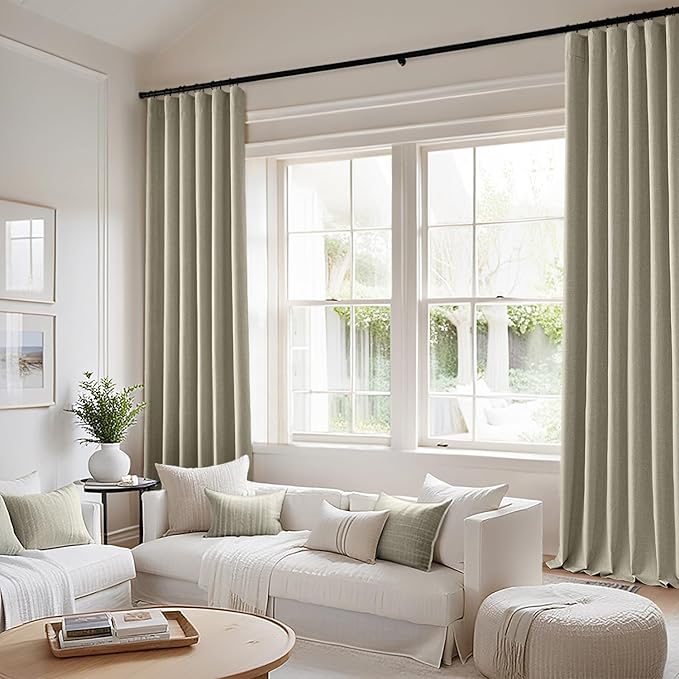 MIULEE 100% Blackout Curtains 84 Inch Long 2 Panels Set for Bedroom, Thick Luxury Faux Linen Black Out Curtain Room Darkening Back Tab Pleat Window Textured Drapes with Hooks for Living Room, Oatmeal