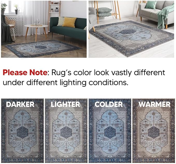 Keen Home Design 5x7 Rug - Machine Washable Area Rug with Non-Slip Backing, Ideal for Living Room, Dining Room, Bedroom - Vintage, Easy Clean, Durable, Low Pile Rug - (5' x 7')