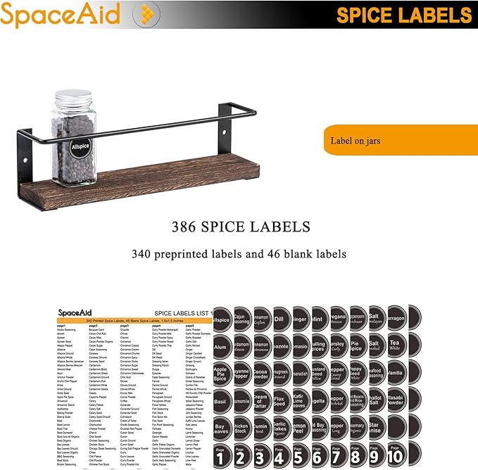 SpaceAid Spice Rack with 24 Spice Jars, 386 Spice Labels, Chalk Marker and Funnel, Wood Hanging Seasoning Shelf for Cabinet Door or Wall Mount (4 Pack)