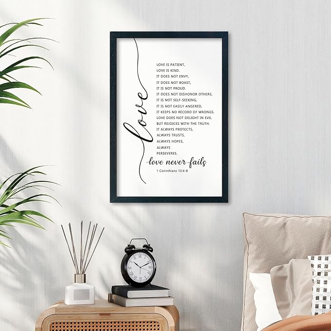 LuZhiQiang Love Is Patient Kind Wall Art 16"×11" Love Never Fails Sign 1 Corinthians 13 Bible Verse Wood Framed Wall Hanging Decor (Black)