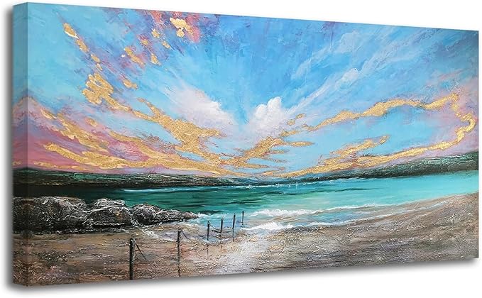 Arjun Ocean Teal Wall Art Canvas Coastal Beach Painting Blue Turquoise Landscape Sunset Picture, Panoramic Gold Foil Textured Large Artwork Framed for Living Room Bedroom Bathroom Wall Decor 48"x24"