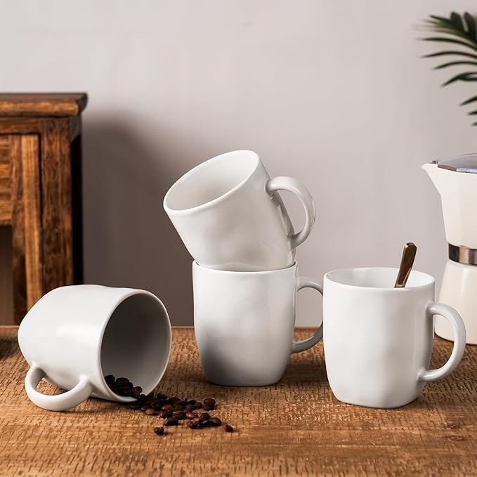 famiware Coffee Mugs Set of 4, Ocean Square 13oz Coffee Cup Set with Handle for Cocoa, Milk, Hot Chocolate, Tea, Water, Stoneware Cups for Kitchen, Microwave and Dishwasher Safe, Matte White